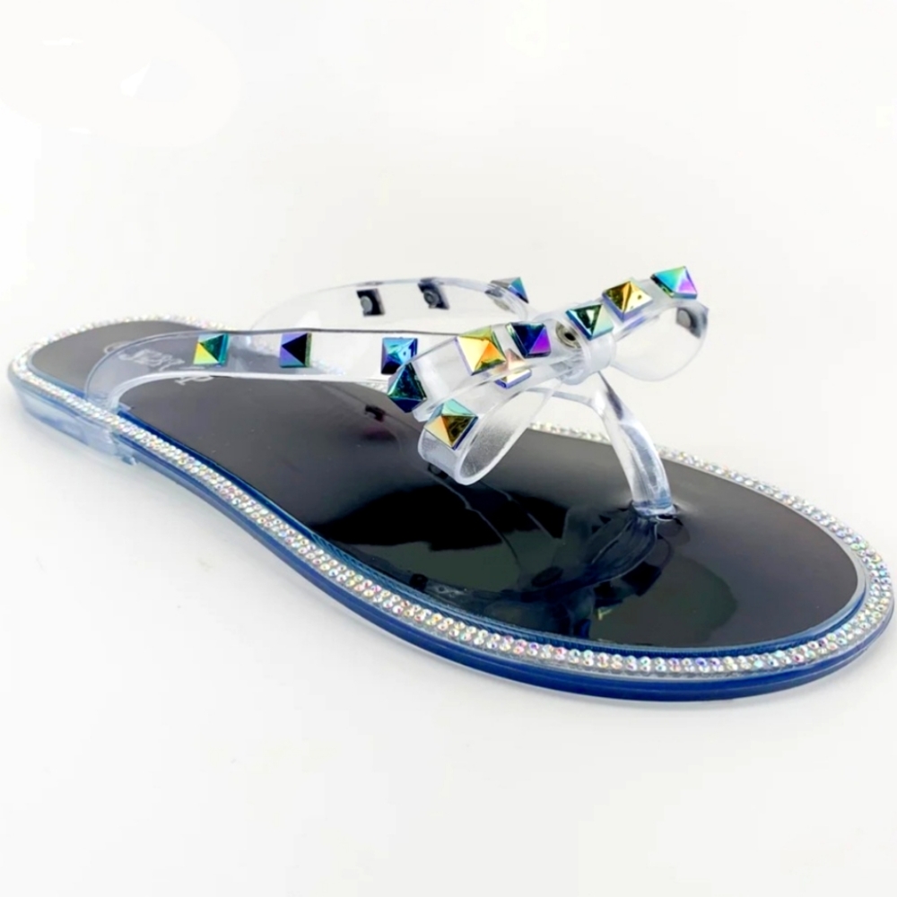 "Aurora" Jelly Sandal in clear with Black Footbed and Studded Detail Size 7 NEW